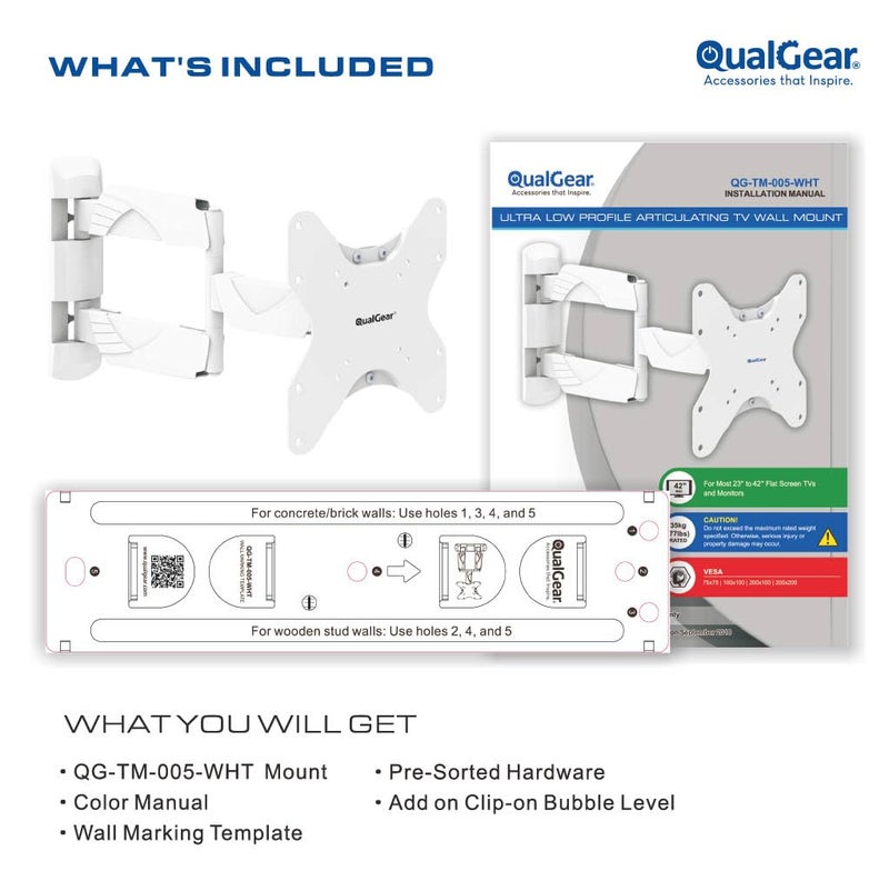 QualGear كوالجير Qg-TM-005-WHT حامل تلفاز حائط بحركة كاملة بتصميم عصري عالي الجودة مقاس 23 إنش إلى 42 إنش، أبيض [معتمد من UL] - Image 2